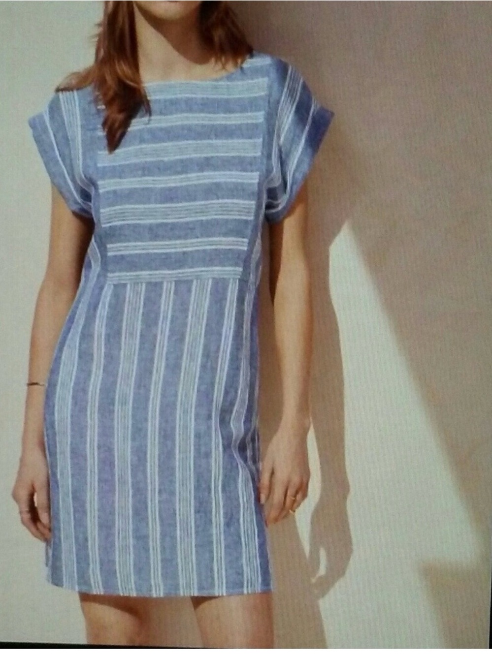 Caslon Blue and White Striped Linen Mini Shift Dress